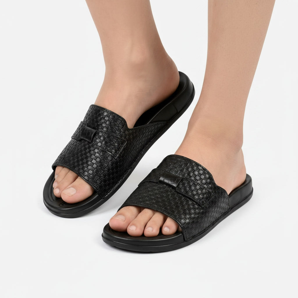 Nafasat Noir — Men's Black Woven Leather Slippers | Daily Wear Pakistan